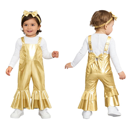 Baby Girls Clothes Birthday Party Metallic Bell Bottoms Romper Djustable Straps Bow Overalls with Headwear Photo Shoot Outfit
