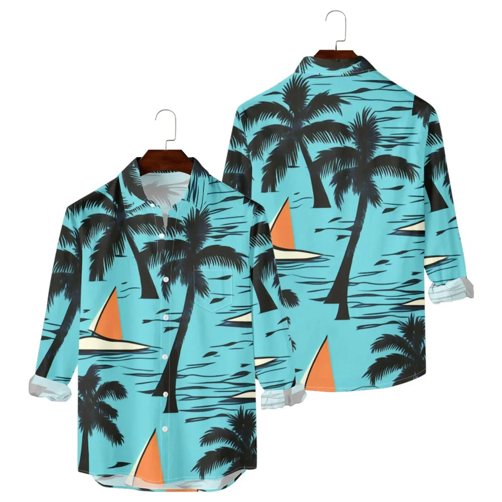 Hawaiian Men Shirts Sunset Oasis Palms Print Full Sleeve Streetwear Button Up Casual Beach to Bar Parties Poolside Shirt Pocket