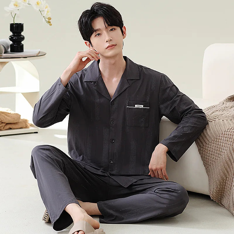 Pajamas for Men Spring Autumn Long Sleeve Lapel Button-up Cardigan Trousers Two-pieces Loose Casual Home Clothes Men Pajama Sets