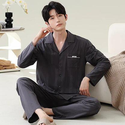 Pajamas for Men Spring Autumn Long Sleeve Lapel Button-up Cardigan Trousers Two-pieces Loose Casual Home Clothes Men Pajama Sets