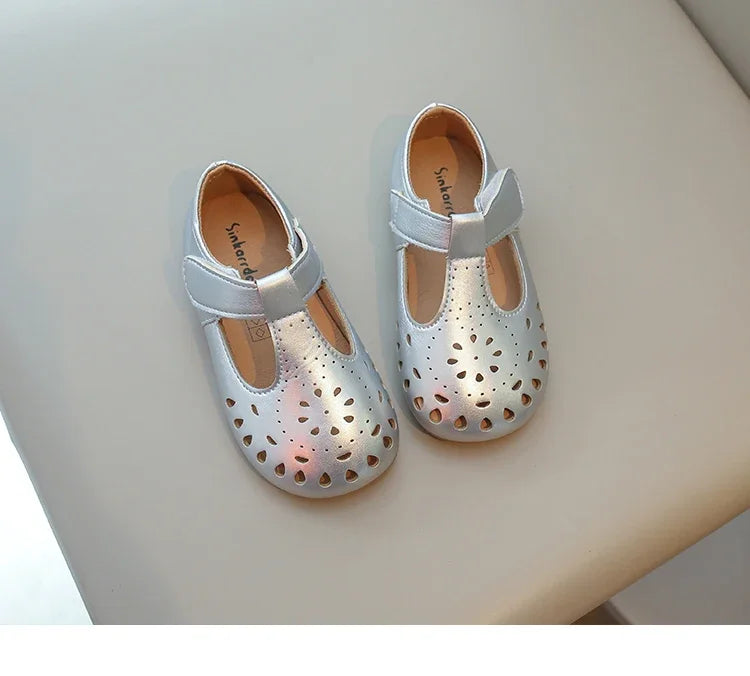 Baby Girls Dress Shoes for Wedding Party Cut-outs Hollow Soft Princess Breathable Kids Leather Flats T-strap 2025 Spring Summer