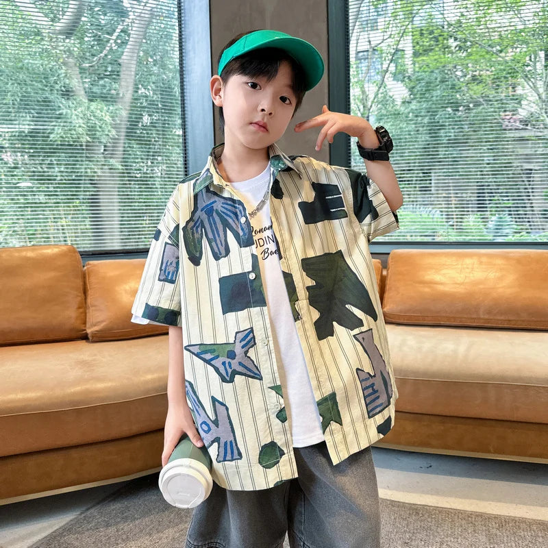 New Summer Teenager Striped Shirt for Boy Short Sleeve Korean Casual Style Big Kids Cotton Blouse Children's Stylish Clothes