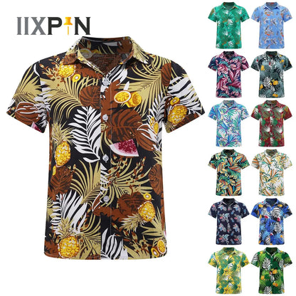 Kids Boys Hawaiian Shirts Tropical Graphic Print Short Sleeve Shirt Casual Turn-Down Collar Tee Tops for Vacation Beach Holiday