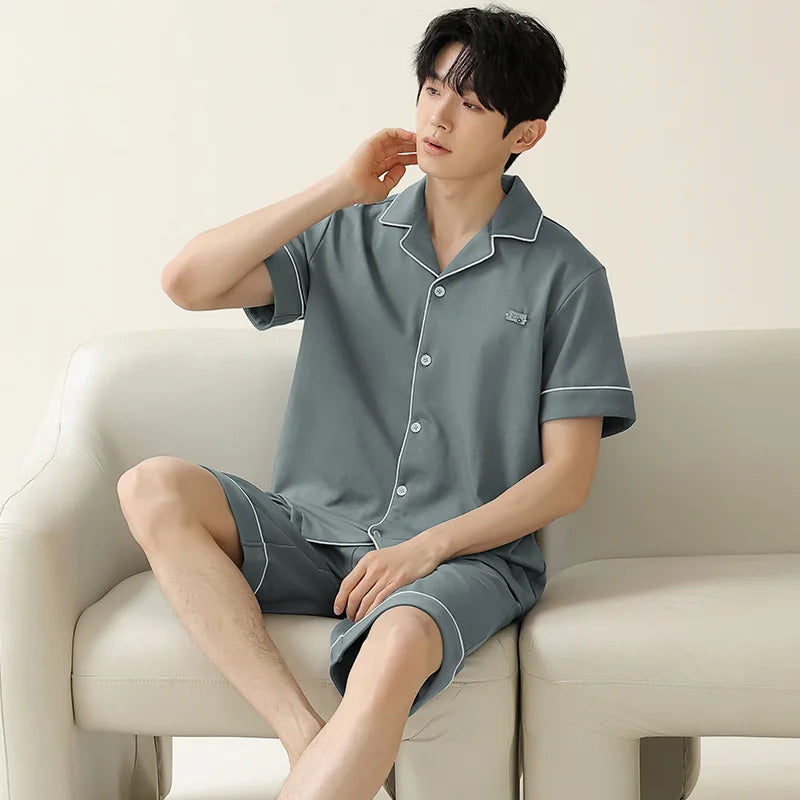 Pajamas for Men Spring Autumn Long Sleeve Lapel Button-up Cardigan Trousers Two-pieces Loose Casual Home Clothes Men Pajama Sets