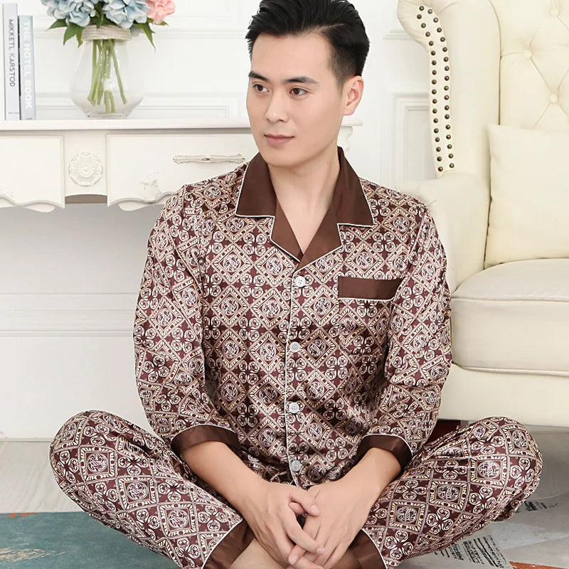 Pajamas Men Spring Summer Thin Ice Silk Luxurious Loose Fitting Home Wear Suit Male Satin Pyjamas Set Night Pajamas Set Men