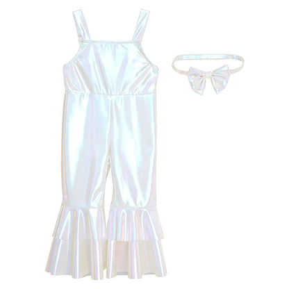 Baby Girls Clothes Birthday Party Metallic Bell Bottoms Romper Djustable Straps Bow Overalls with Headwear Photo Shoot Outfit