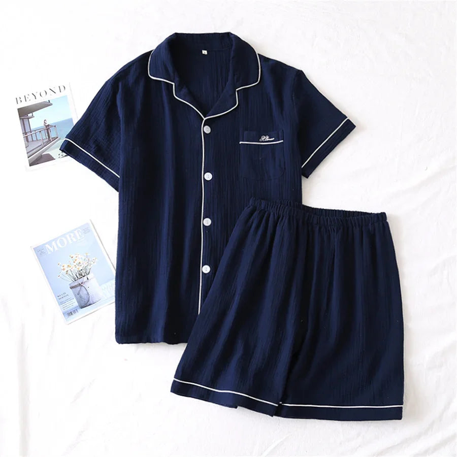 2025 New Summer Men Pajamas Suit Cotton Crepe Gauze Solid Color Simple Short-sleeved Shirt Shorts Sleepwear Men's Loungewear