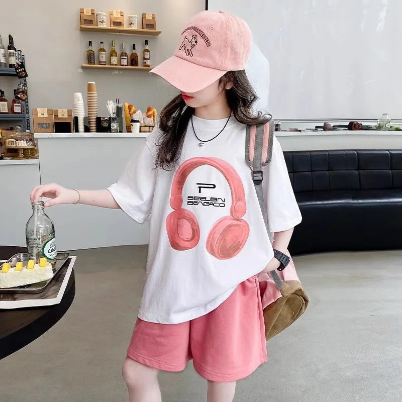 Girls' Shorts Set 2026 Summer New Kids' Suits Teenager Loose Short-Sleeve T-Shirt Outfits Children's Print Clothing Two-Piece