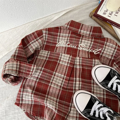 Children Shirts 2024 Autumn New Style Boys and Girls Embroidered Plaid Shirts Baby Versatile Shirts Fashion Jacket