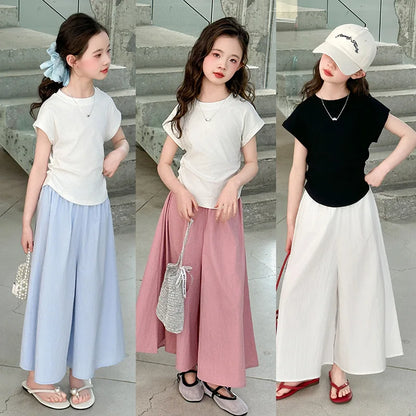 Girls New Suit Children Top Set Summer Short Sleeved T-shirt Pants 2PCS Kid Solid Color Outfits Teen Casual Loose Clothes