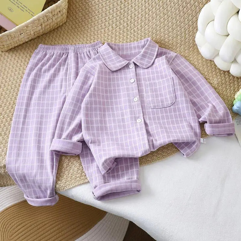 Boys and Girls children's Pajama Set autumn winter Korean Style Plaid Cardigan Lapel long-sleeved PJs Set Loungewear Two-piece