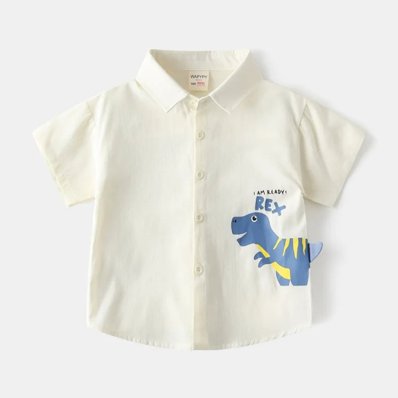 Cute Children's Shirts 2025 Boy Shirts 100% Cotton Short Sleeve White Blue Kids Summer Clothes Toddler Baby 1 to 2 3 4 5 6 7 Yrs