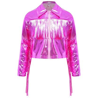 Kids Girls Long Sleeve Casual Sports Bomber Jackets Jazz Hip-hop Street Dance Costume Boys Shiny Metallic Baseball Outwear Coats