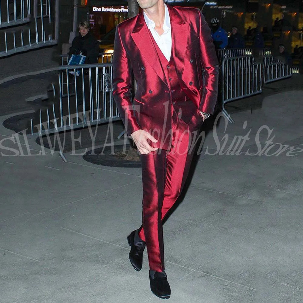 Men's 3 Piece Suit Sets Luxury Red Satin Men Notch Lapel Double-Breasted Suit Blazer+Vest+Pants Customed for Business & Weddings