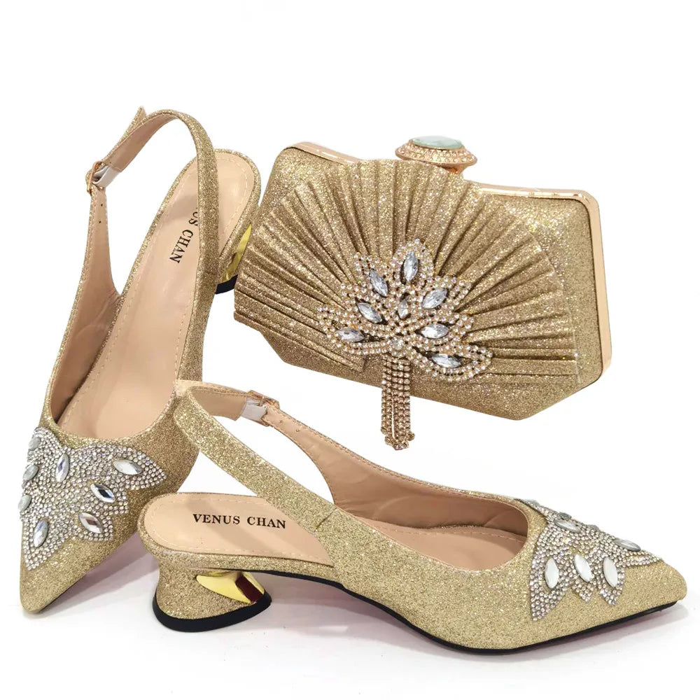 Women's Silver Mid Heels Frosted Crystal Shoes And Bag Set