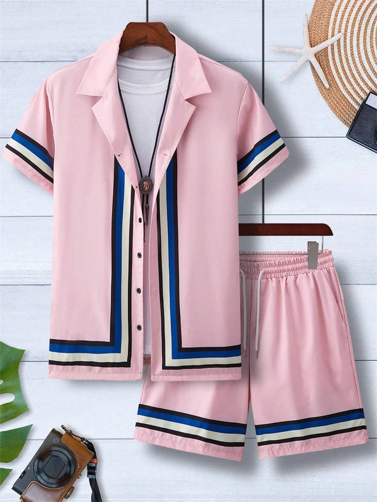 2024 New Men's Beach Wear 2-Piece Quick Drying Hawaiian Shirt and Shorts Set Summer Men's Fashion Striped Print Casual Wear