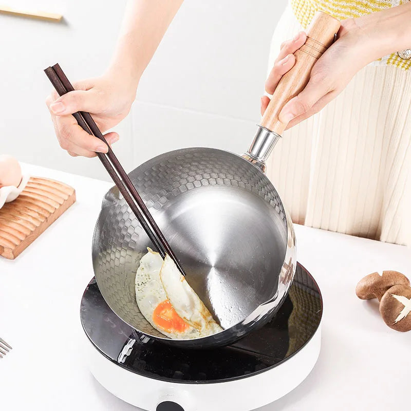 Stainless Steel Pan Japanese Snow Pan Wooden Handle Lid Stew Pots Fry Wok Saucepan Milk Pot Kitchen Utensils Practical Cookware