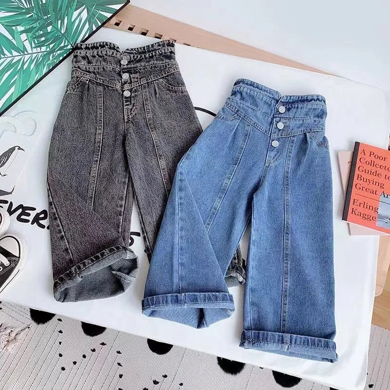 Girls Ightweight Jeans Long Pants Stylish Children's Straight Pants Toddler High-Waist Jeans Long Pants Kids Casual Versatile