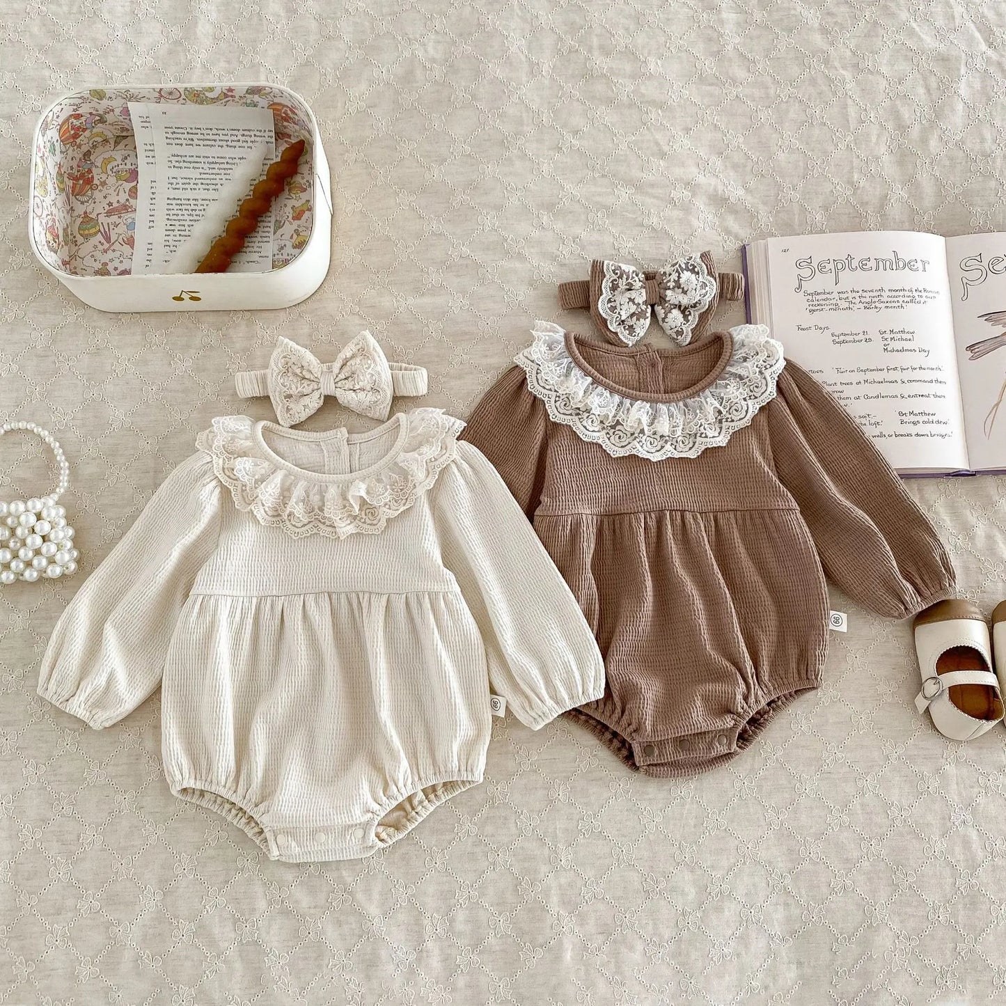 Baby Girls Clothes Toddler Autumn Winter Long Sleeve Lace Romper With Headwear For Infant Homewear Jumpsuit Baptism Overall