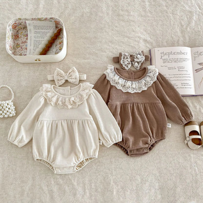 Baby Girls Clothes Toddler Autumn Winter Long Sleeve Lace Romper With Headwear For Infant Homewear Jumpsuit Baptism Overall