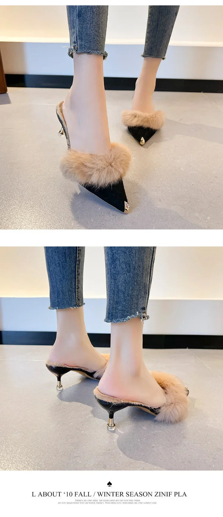Women High Heel Shoes 2025 Fur Slippers Mules Pointed Toe Furry Slides Fashion Elegant Luxury Designer Flip Flops Office Pumps
