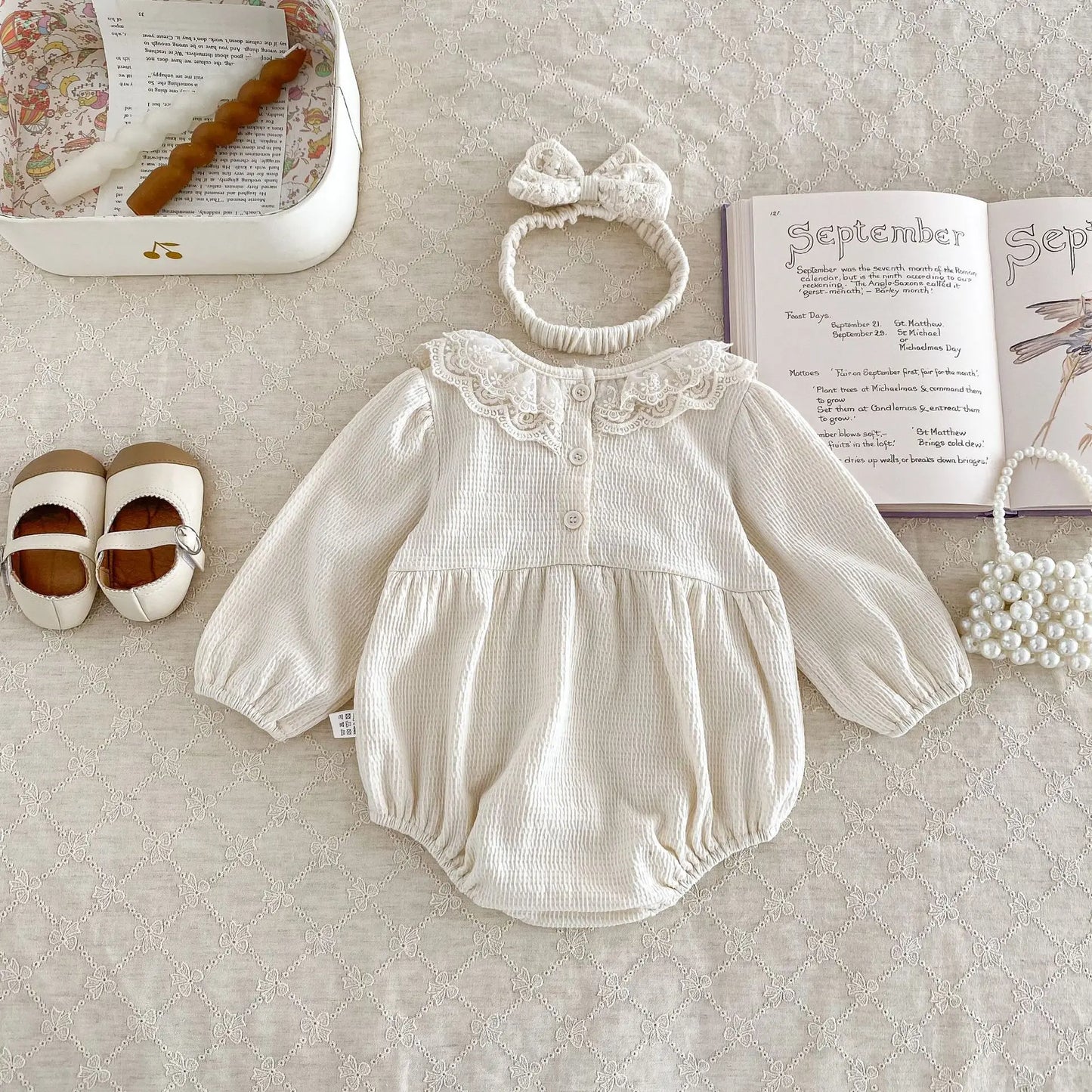 Baby Girls Clothes Toddler Autumn Winter Long Sleeve Lace Romper With Headwear For Infant Homewear Jumpsuit Baptism Overall