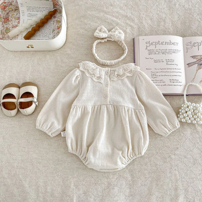 Baby Girls Clothes Toddler Autumn Winter Long Sleeve Lace Romper With Headwear For Infant Homewear Jumpsuit Baptism Overall