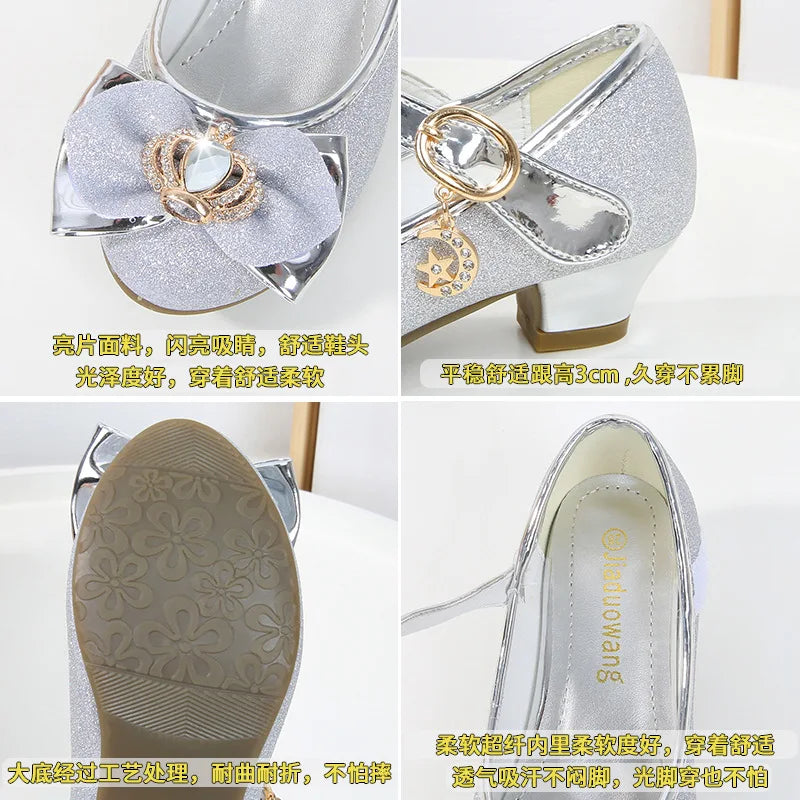 Children's High-heeled Shoes Girls Students Princess Red Leather Shoes 2025 New  Bowknot Single Girls Show Kid's Party Shoes