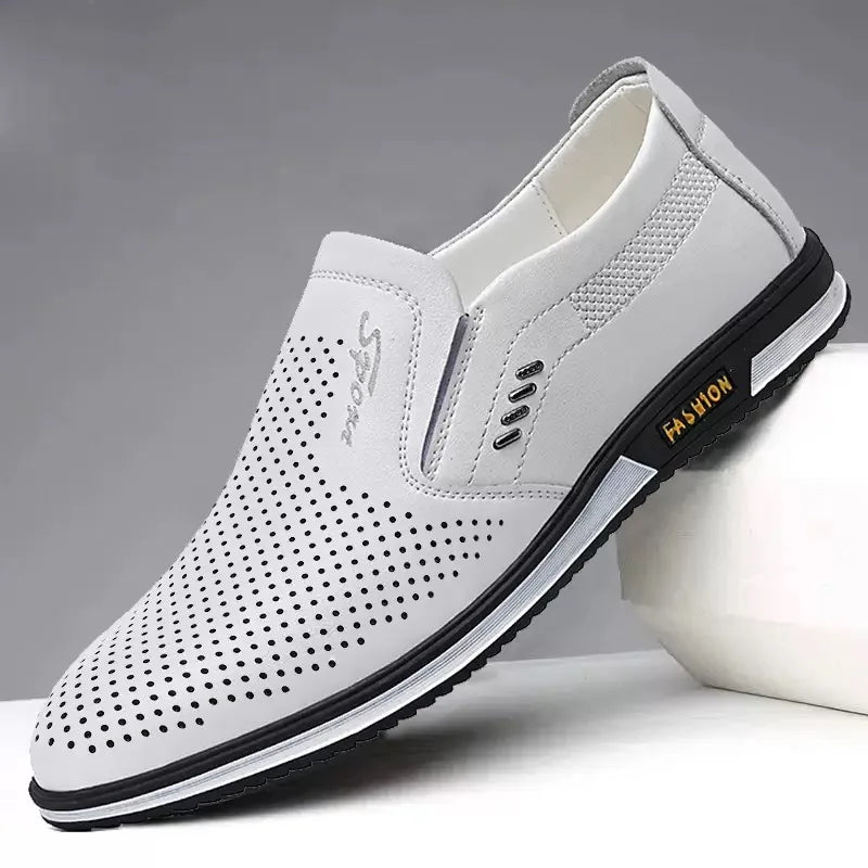 White Leather Shoes for Men in The Summer of 2025new Breathable Hollowed Dress Shoes Men Men Driving Shoes British Leather Shoe