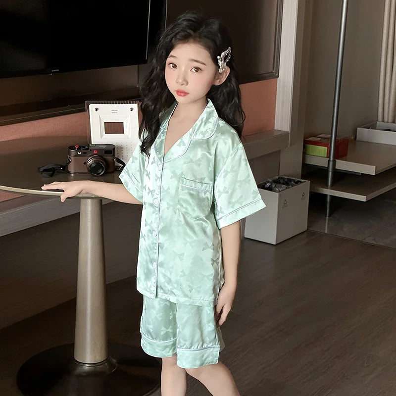 Girls Pajamas Set Soft Silk Satin 2-Piece PJs Sleepwear Kids Short Sleeve Short Pants Princess Button Down Outfit Set Size 3-13Y