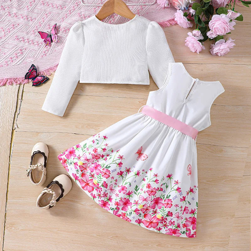 Kids Casual Clothing Sets Outfits For Girls Spring Summer Toddler Floral Print Long Sleeve Coat Tank Dress Children Clothes