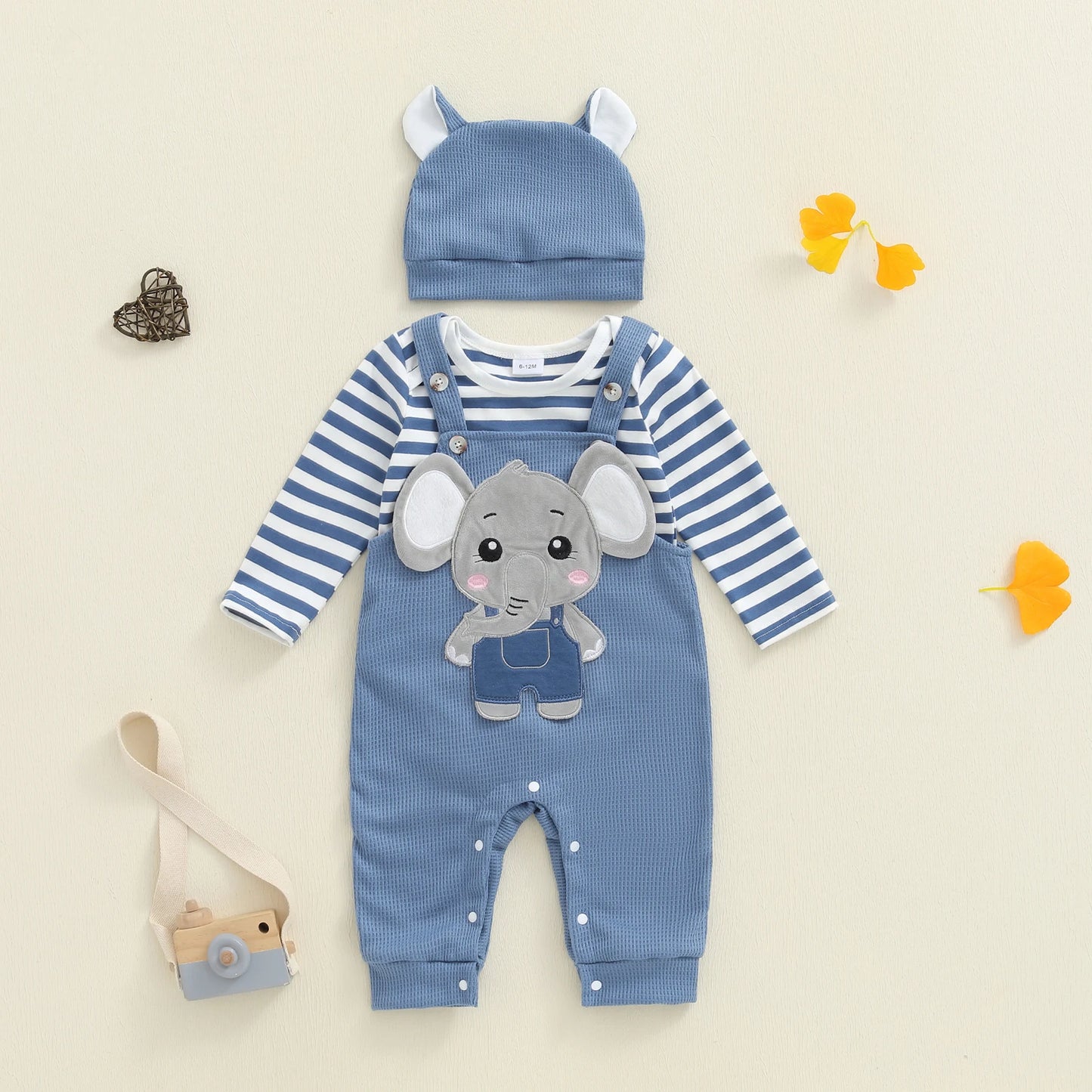 Infant Newborn Baby Boys 3Pcs Outfit Cute Baby Clothes Long Sleeve Striped Romper Animal Embroidery Overalls Hat