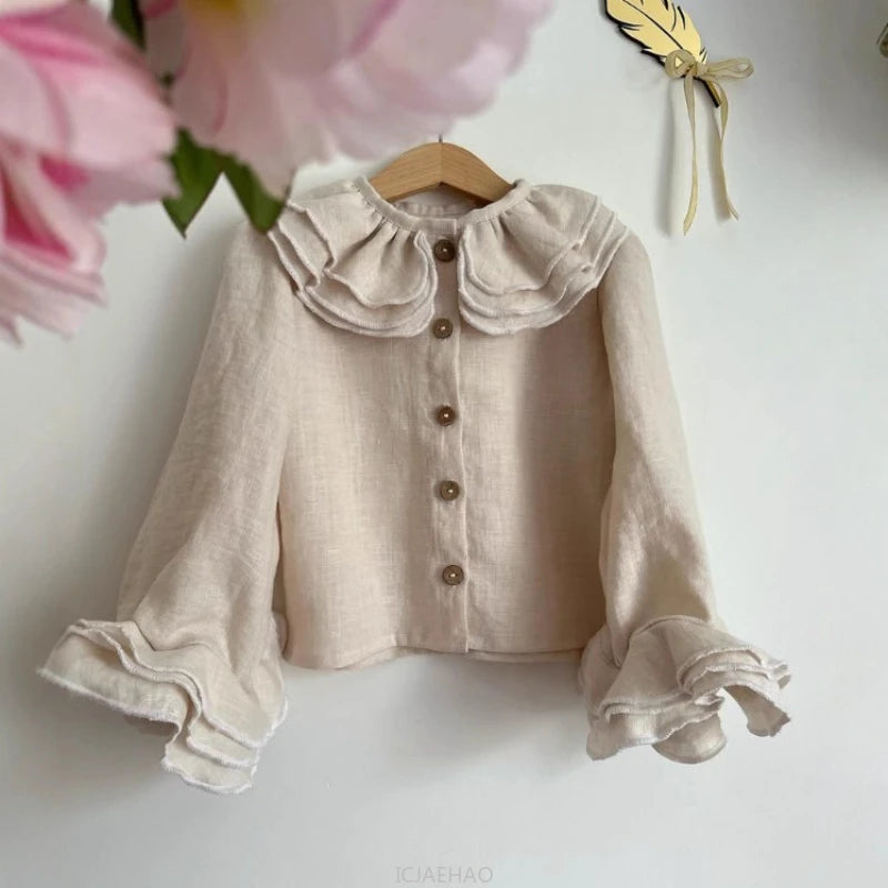 Teen Girl Clothes Kids French Style Girls Linen Blouse Layered Lace Shirt Versatile Kids Long Sleeve Top Costume Spring Autumn