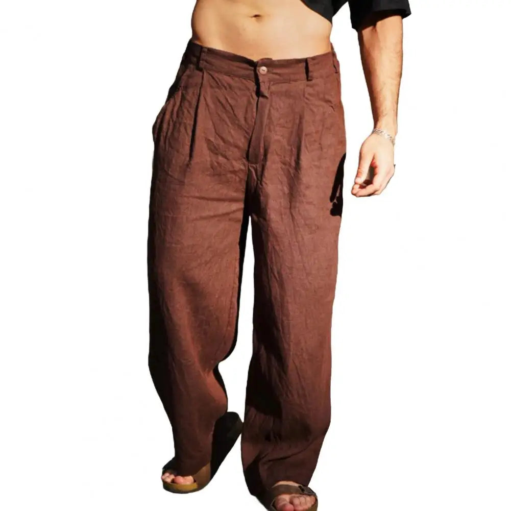 Men Cotton Linen Slacks Solid Color Loose Casual Trousers Breathable Summer Yoga Pants Pleated Jogger For Beach Vacation Fishing