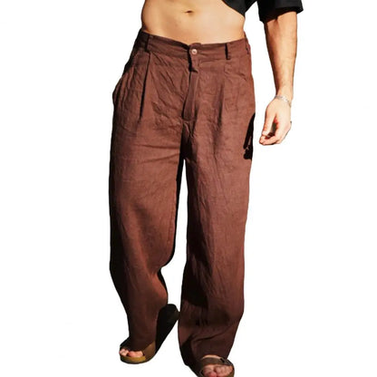 Men Cotton Linen Slacks Solid Color Loose Casual Trousers Breathable Summer Yoga Pants Pleated Jogger For Beach Vacation Fishing