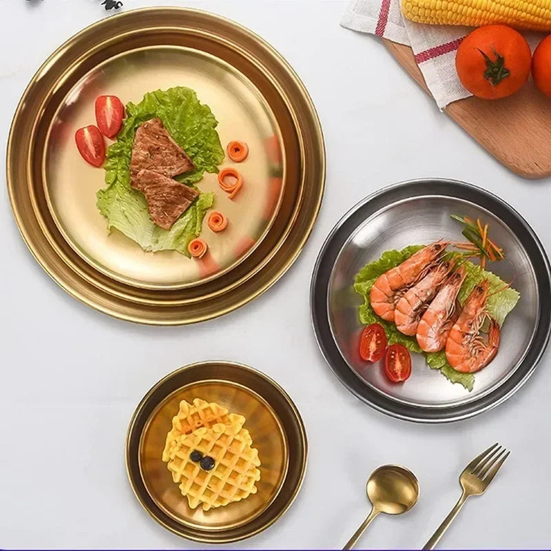 High Quality Gold Silver Tray Stainless Steel Dining Disc Round Bone Spitting Dishes Fruit Meat Dessert Plate Kitchen Tableware