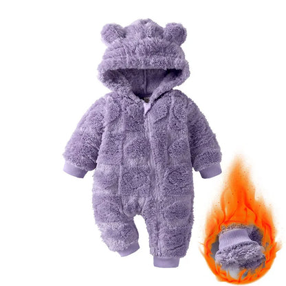 Cartoon Baby Clothes Boy Romper Long Sleeve Arctic Velvet Hooded Baby Girl Romper Winter Warm  Newborn Clothes 0-18 Months