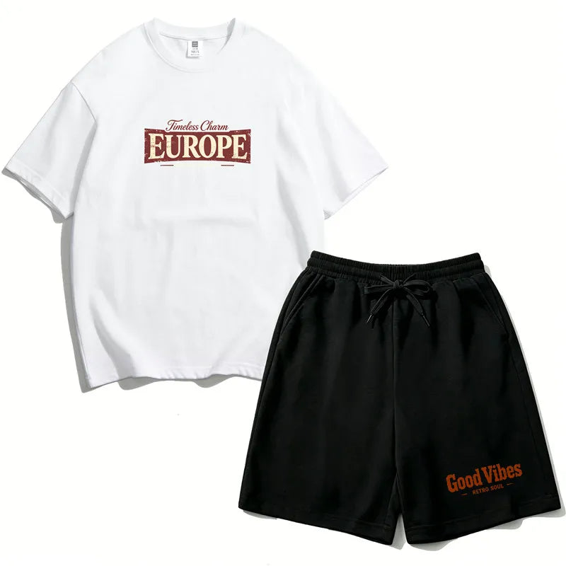 Teen Girls Clothing Set Summer Cotton Short Sleeve Top Shorts 2PCS Casual Europe Graphic Tee Distressed Print Clothes Set EU1