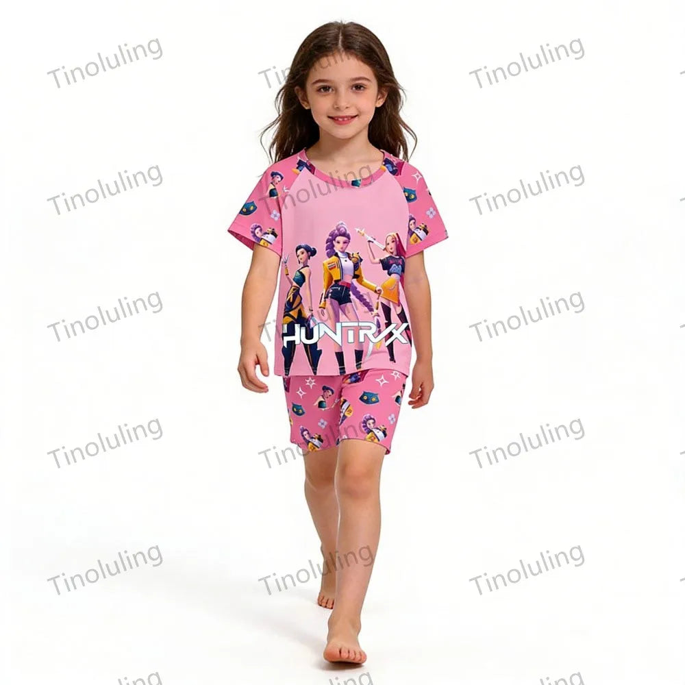 Girls Pajamas Sets Kids Toddler 3 to 8 10 11 12 Years Kpop Demon Hunters Summer Pjs Tops+Shorts Two Pieces Pijamas Sleepwear Set