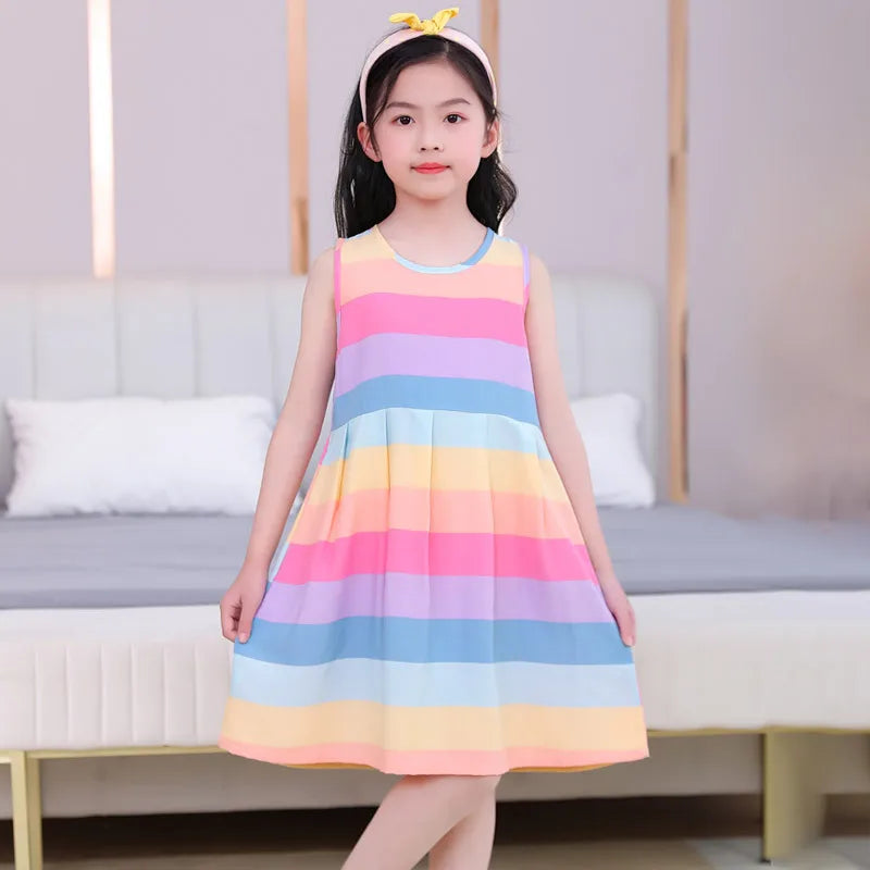 Summer Sleeveless Teen Girls Beach Dresses Children's Clothing Vestido para niña de 8 a 10 años Princess Rainbow Flower Dresses