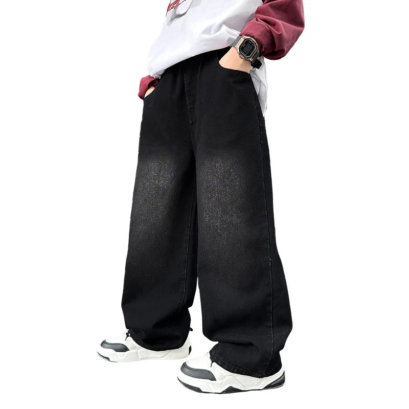 Boys Black Print Jeans Spring/Autumn Kids Wide Leg Pants Washed Denim Straight Pants Teen Children Pants 6 8 10 12 14 Years Old