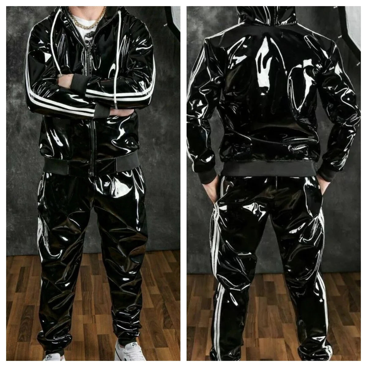 Men's PU Leather Hoodie Suit Casual Sportswear Hooded Jogging Suit Sportswear Men Outfit Set Juicy Tracksuit