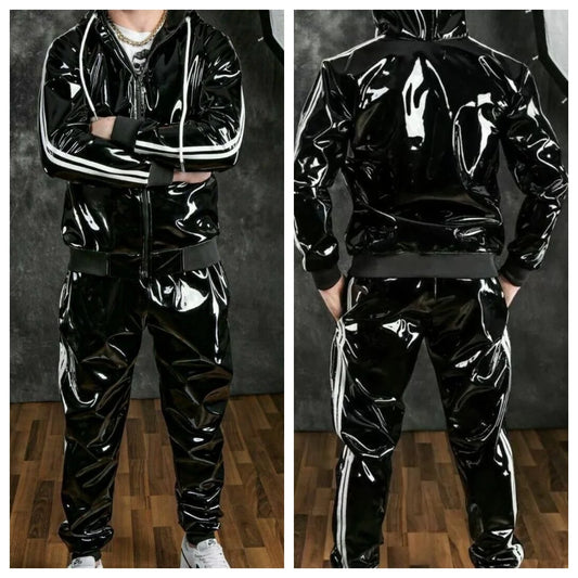 Men's PU Leather Hoodie Suit Casual Sportswear Hooded Jogging Suit Sportswear Men Outfit Set Juicy Tracksuit