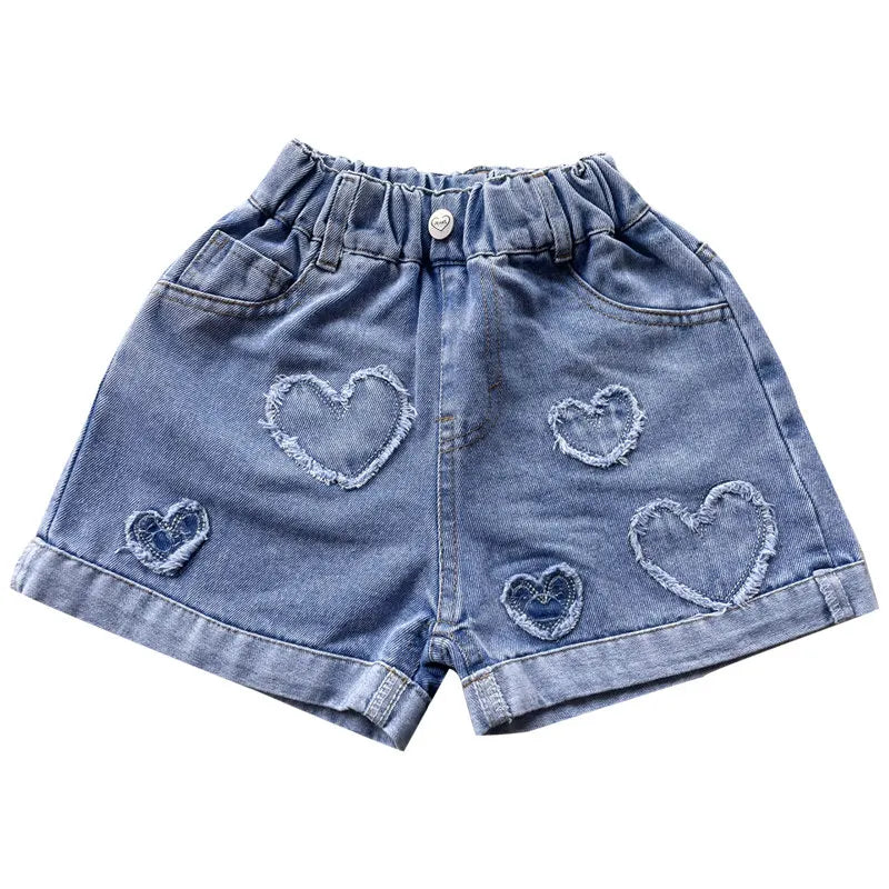 Girls Shorts with Heart Pattern High Waist Summer Hot Deals Teenage Child Fashion Jeans Kids Short Trousers Clothes 5-14Year Old