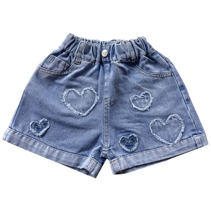 Girls Shorts with Heart Pattern High Waist Summer Hot Deals Teenage Child Fashion Jeans Kids Short Trousers Clothes 5-14Year Old