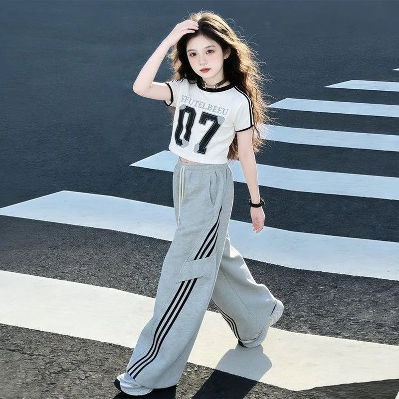 Summer Teenage Girls Clothes Set Children ONeck Tshirt and Casual Long Pants Suit Student School Short Sleeve Top Bottom Outfits
