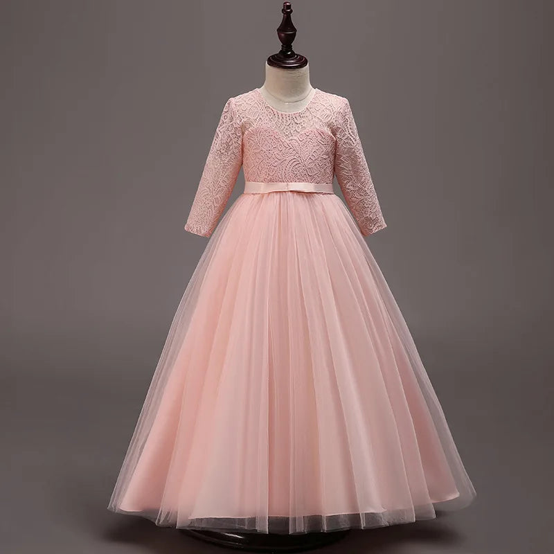Elegant Dress For Teenage Girl Lace White Long Sleeve Wedding Princess Dresses For Children Prom First Communion Long Puffy Gown