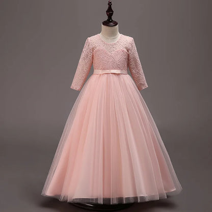 Elegant Dress For Teenage Girl Lace White Long Sleeve Wedding Princess Dresses For Children Prom First Communion Long Puffy Gown