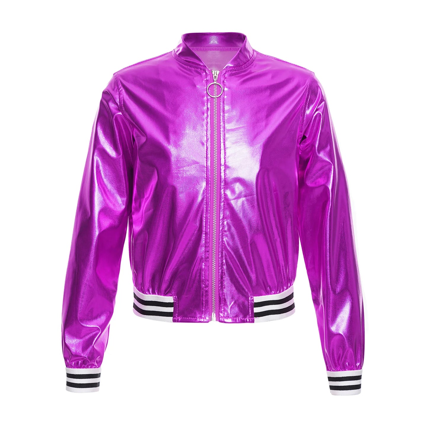 Kids Girls Long Sleeve Casual Sports Bomber Jackets Jazz Hip-hop Street Dance Costume Boys Shiny Metallic Baseball Outwear Coats