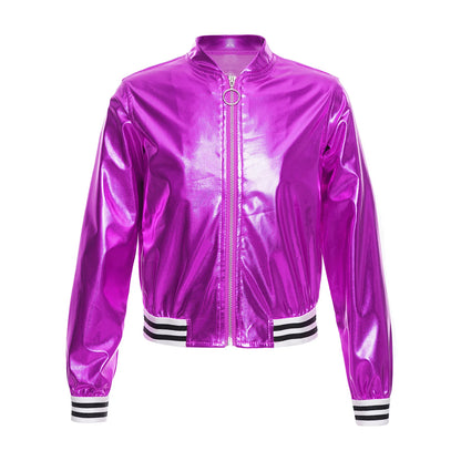 Kids Girls Long Sleeve Casual Sports Bomber Jackets Jazz Hip-hop Street Dance Costume Boys Shiny Metallic Baseball Outwear Coats